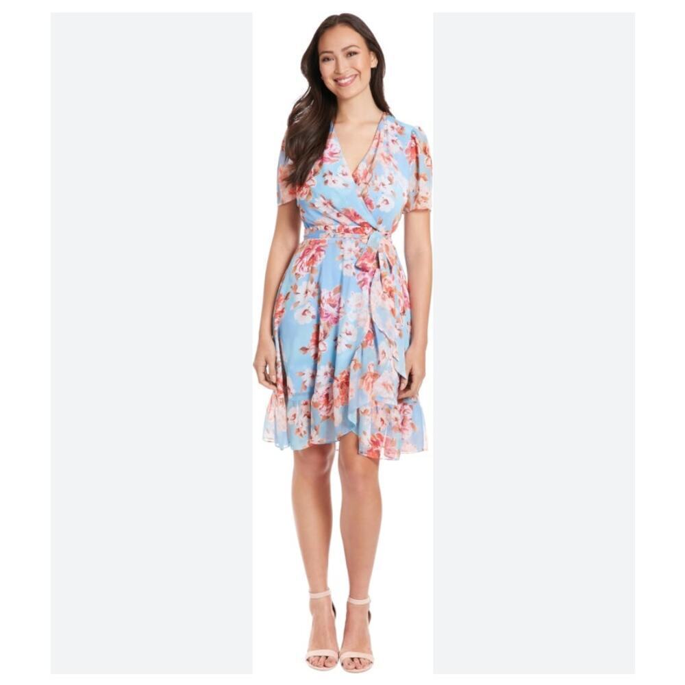 London Times Floral Print Side Tie Short Sleeve Flowy Dress Size 12